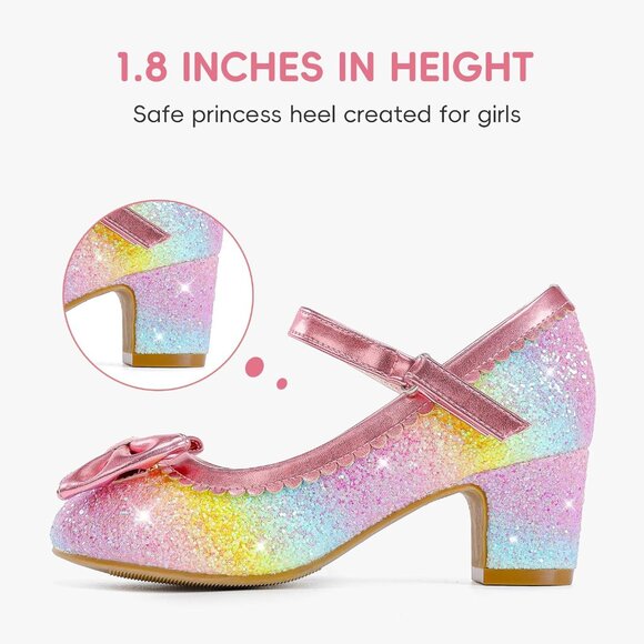 Girls Rainbow Sequins Cute Bow-knot Sparkle Mary Jane Flower Wedding Dress Shoes - Picture 4 of 7